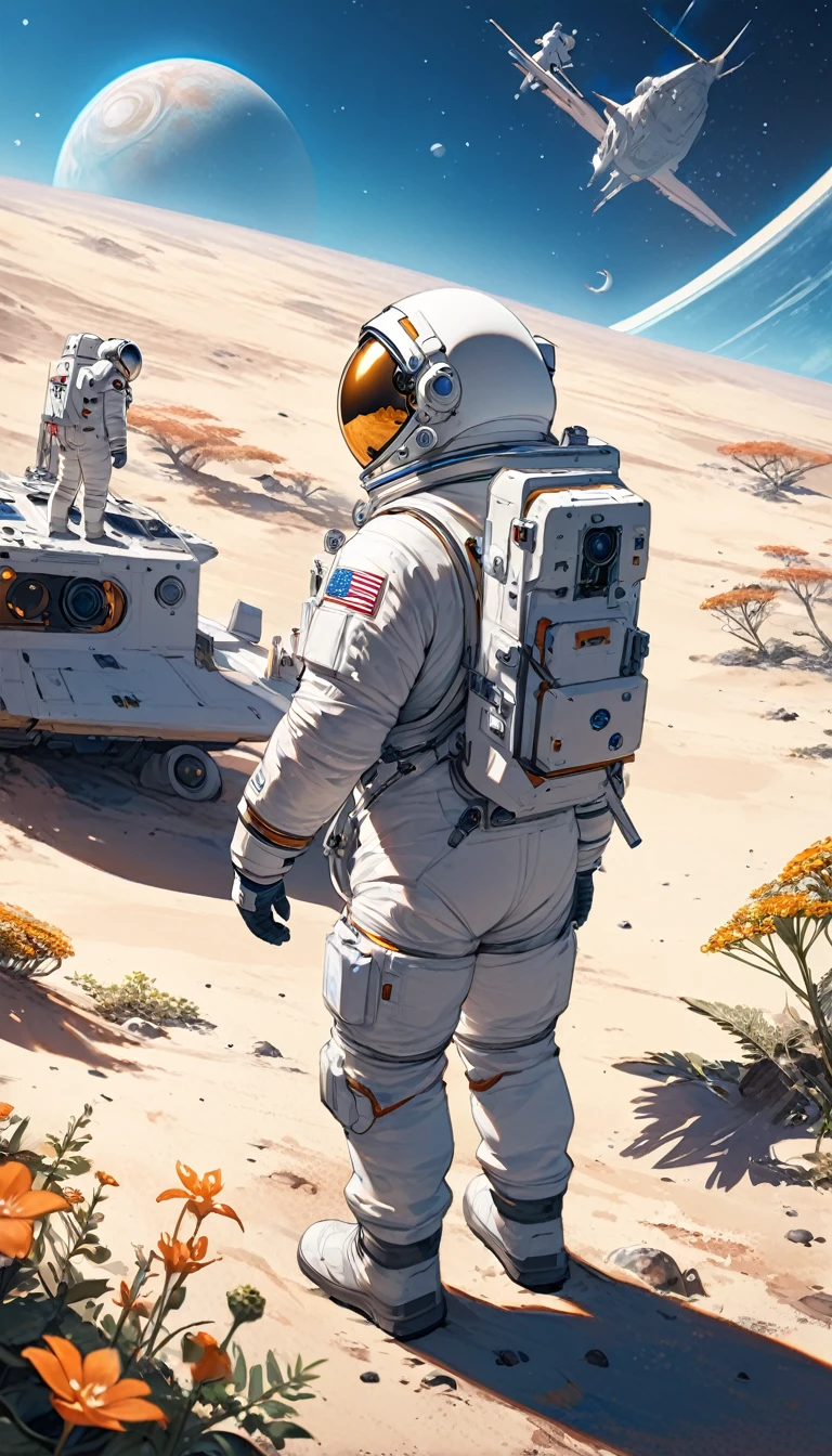 Astronaut with his back turned outside his ship, parked on an unknown planet with unknown flora and fauna with blue skies