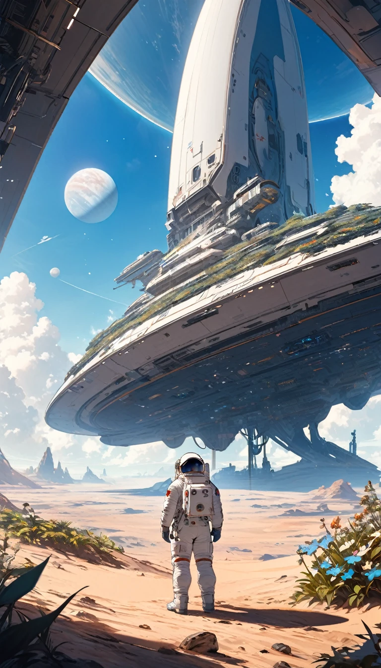 Astronaut with his back turned outside his ship, parked on an unknown planet with unknown flora and fauna with blue skies