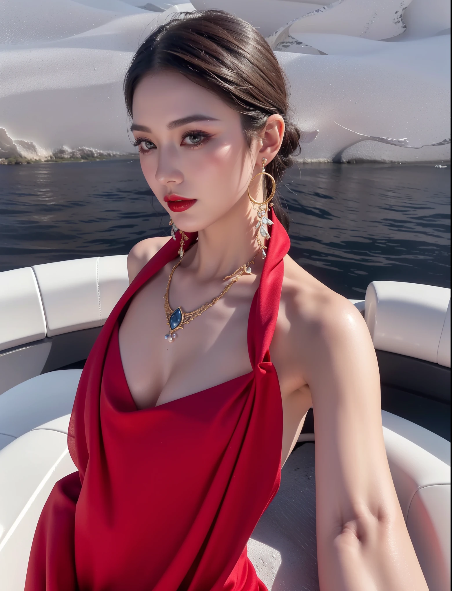 Royal princess,Extremely detailed, Delicate face, Stock Photography , Portrait 400, F1 Camera Lens.6, rich and colorful, Surrealism, Realistic textures, Dramatic Lighting, Thin Film Distiller 800 (8K, original photo, Better quality, masterpiece: 1.2), Extremely detailed, (Extremely delicate skin: 1.2), 8K ultra high definition, SLR camera, Soft Light, high quality.Fire Queen,Blue pupils,Wear red lipstick,Have a tattoo,The tattoo is very three-dimensional,Gorgeous and intricate tattoo designs,Dark eyeshadow,Sexy thick lips(Red lipstick),Gorgeous pearl and gemstone decoration,Cleopatra wore jewelry made of gold and precious stones.,The stunning Queen,breasts symmetrical