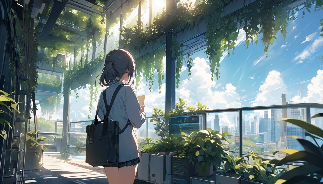 Beautiful office、Woman from behind、programming、bright、Sharp light source、Foliage plant、noon、Good weather、Clear skies