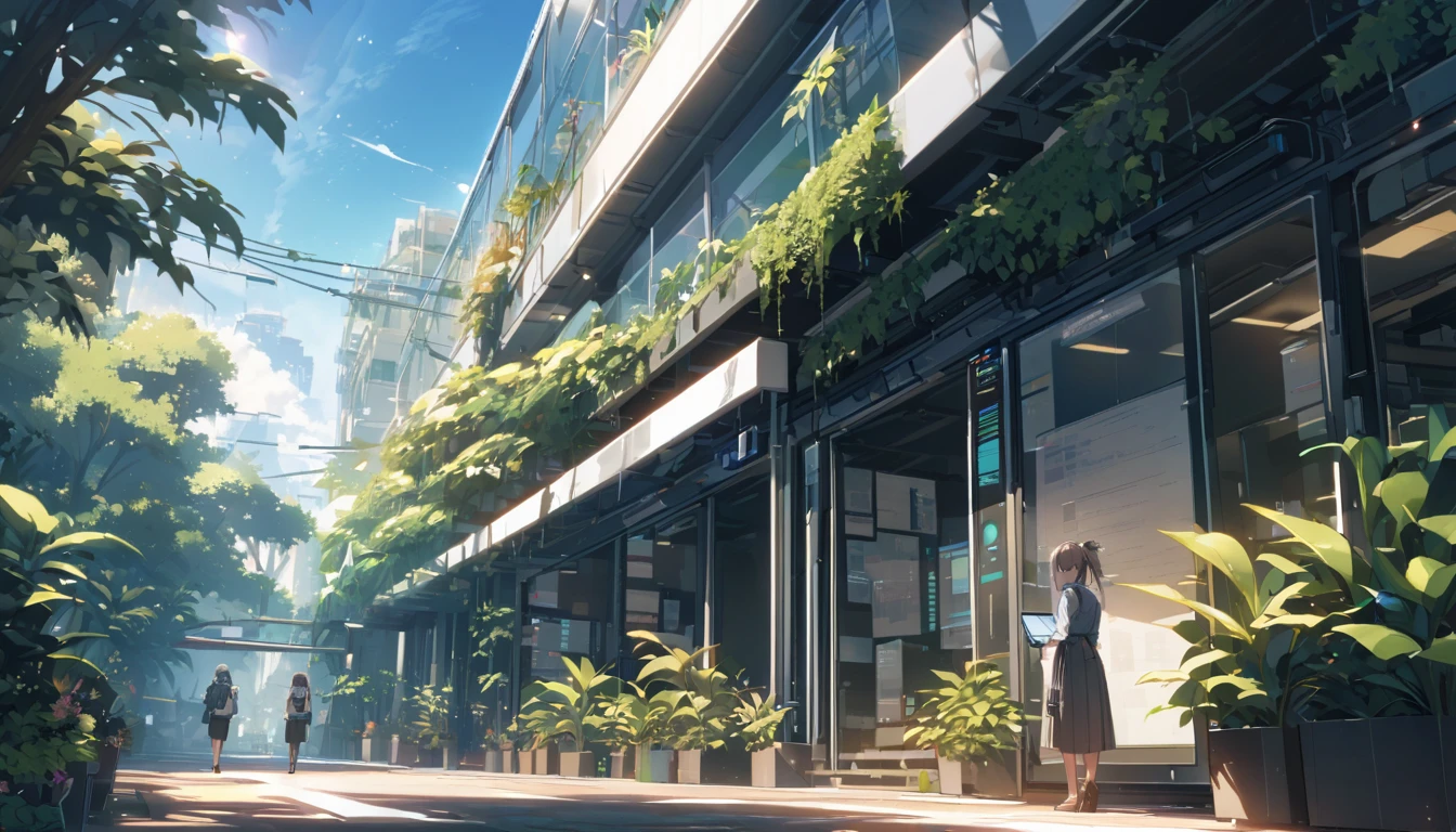 Beautiful office、Woman from behind、programming、bright、Sharp light source、Foliage plant、noon、Good weather、Clear skies