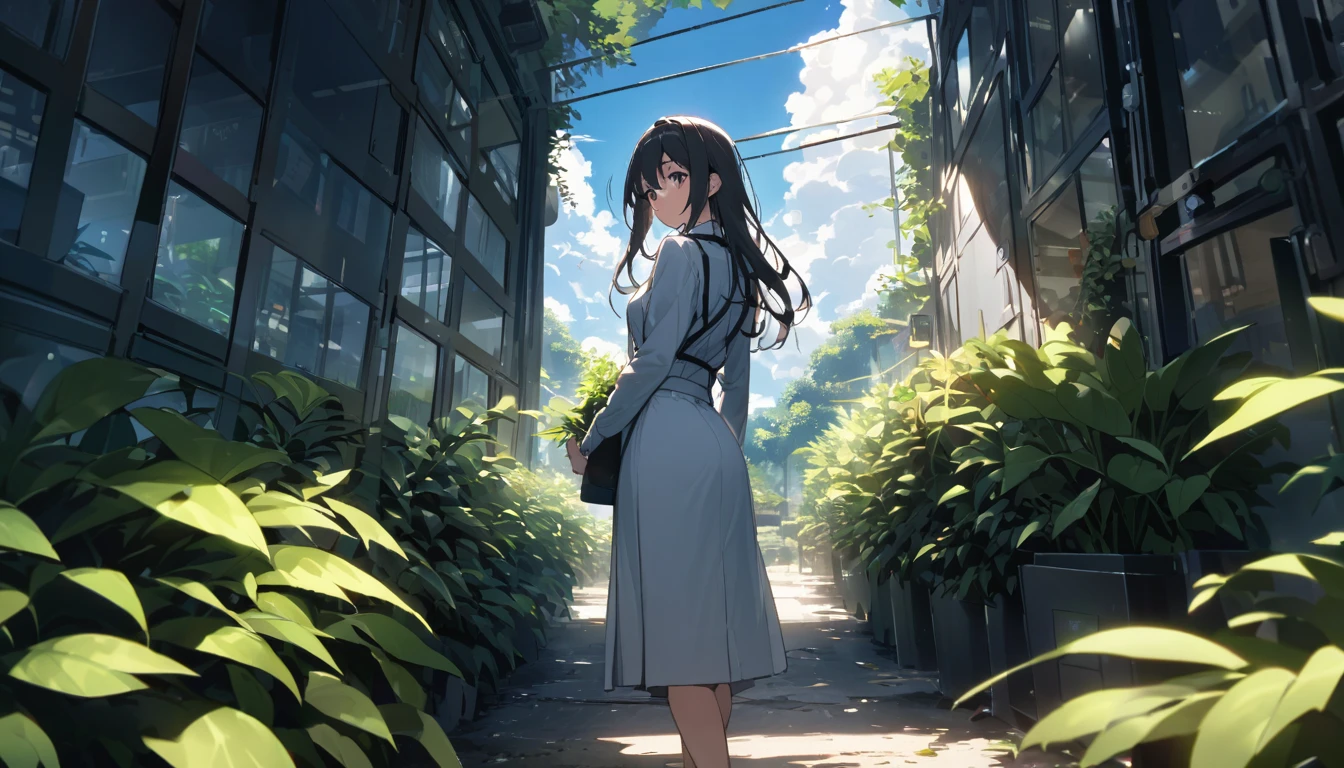 Beautiful office、Woman from behind、programming、bright、Sharp light source、Foliage plant、noon、Good weather、Clear skies