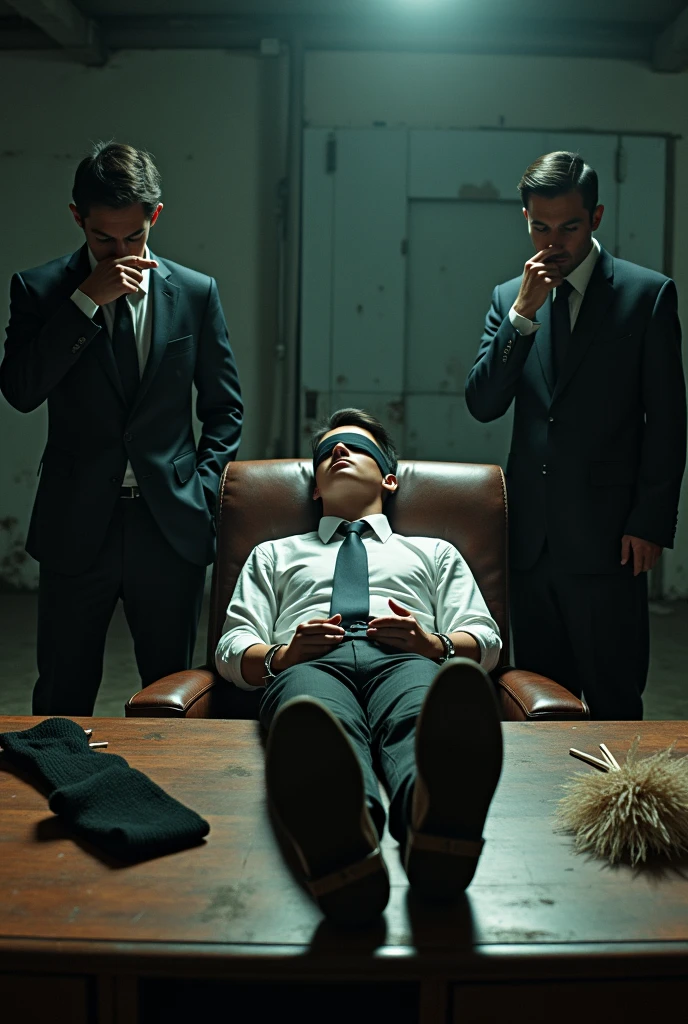 Malaysia malay handsome 25 years student
He fainted
Smelly feet
His hand handcuff in abondon warehouse
Blindfolded
handcuff
Formal Outfit
Focus sweaty hot feet on desk
feather duster on desk
Dirty Black sock on desk
2 mafia pinch nose
His feet smelly