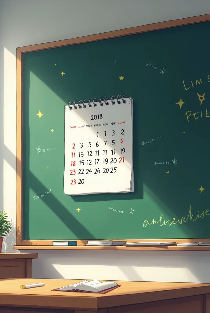 A calendar placed on an anime blackboard