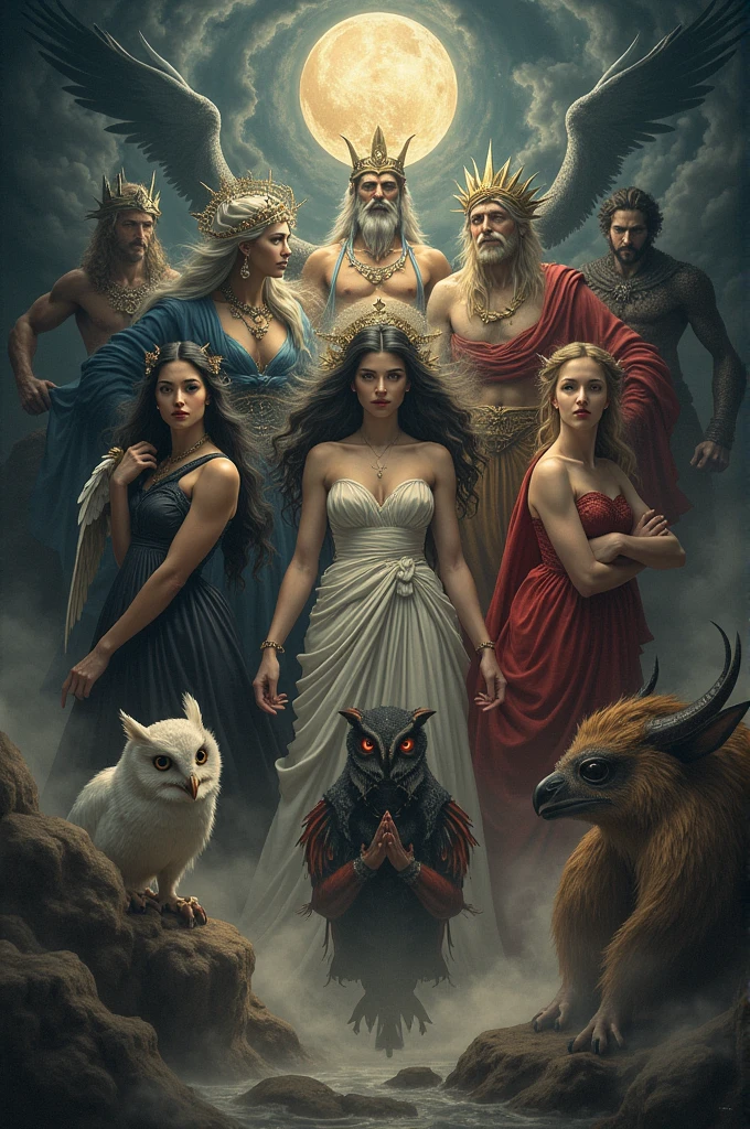 Create a representation of the gods Nyx Thanatos Hecate Pan Chaos Momo Lucifer Hades Persephone Eros