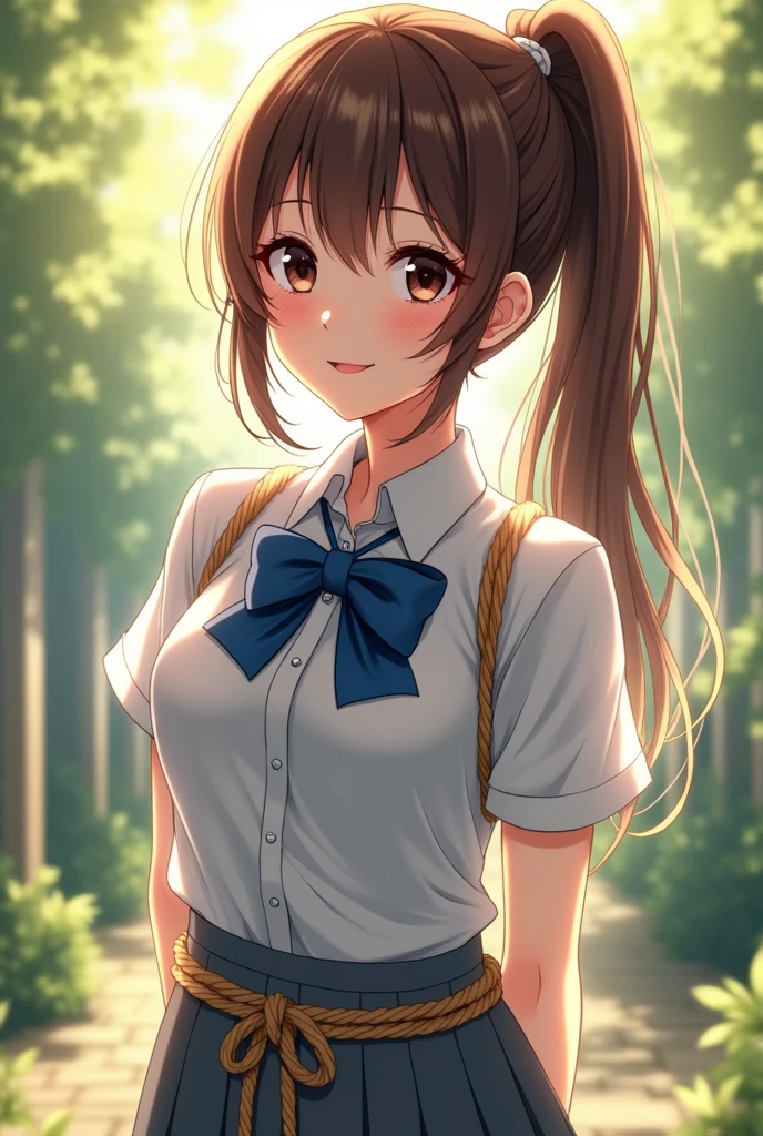 (masterpiece:1.2, top-quality), (realistic, photorealistic:1.4), beautiful illustration, (natural side lighting, movie lighting), nsfw:1.2,
beautiful hair, beautiful face, beautiful detailed eyes, beautiful clavicle, beautiful body, beautiful chest, beautiful thigh, beautiful legs, beautiful hands,
looking at viewer, (from behind), full body, 1 girl, japanese, high school girl, perfect face, perfect eyes, cute and symmetrical face, suntan, shiny skin, white skin, slender,
(long hair:1.5, side ponytail:1.4, brown hair), hair over one eye:1.4, maroon eyes, long eye lasher, (medium breasts),
((collared short sleeve shirt, white shirt, , grey plaid pleated skirt, blue plaid bow tie), wrist chakra), white panties,
(((shibari over clothes, arms behind back)), bondage, shibari:1.5, bound arms, bound breasts),
(beautiful scenery), daytime, (standing), (lovely smile, upper eyes),