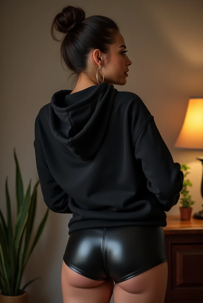 black woman hair in a bun black hoodie black leather short shorts being fucked in the ass by a old grandma in a dress