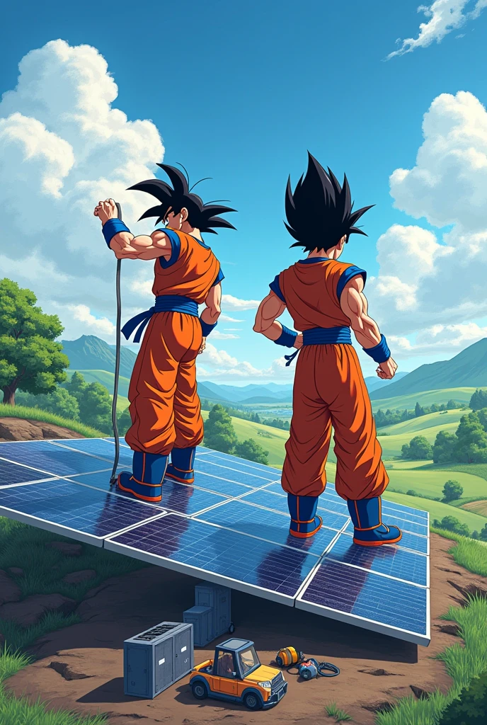 Create an image of Son Goke and Vegeta installing a solar system
