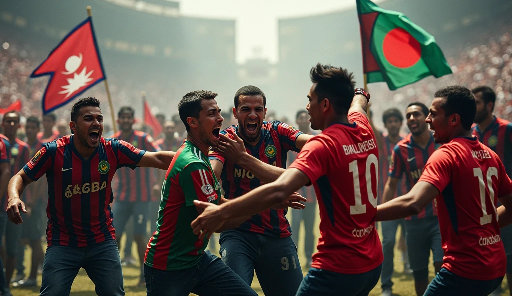 The audiences are fighting with each other more angrily in the stadium wearing nepals football jerseys and bangladesh football jersey , and police trying to stop them there should be nepals flag and bangladesh flag in the back of jerseys, group of peoples are fighting