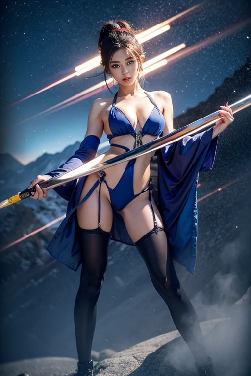 Adult Girl, Short black hair, High Ponytail, Brown eyes, , Blue ninja kimono, uhd,No sleeve, Below zero, cold, ice, Blizzard, Battle Axe, masterpiece, high quality, 4K, High resolution, Well-made down to the last detail,sfw,Beautiful pose，hip up,A breathtakingly beautiful body、full body,