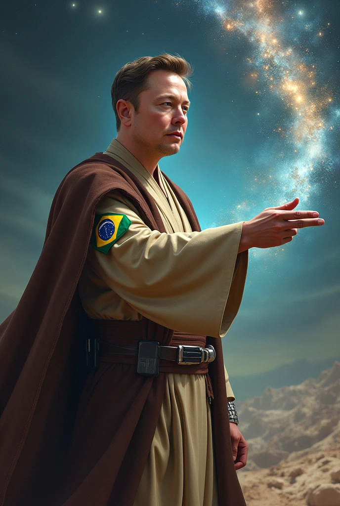 Image of Elon Musk wearing a Star Wars obi outfit with a Brazilian patch pushing Voldemort from Harry Potter away in a battle 