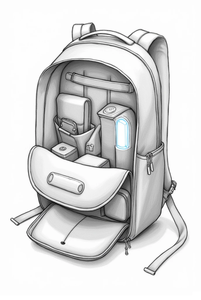 a sketch of a multifunctional backpack with internal LED light a sketch drawn with pencil, to look inside, all its parts