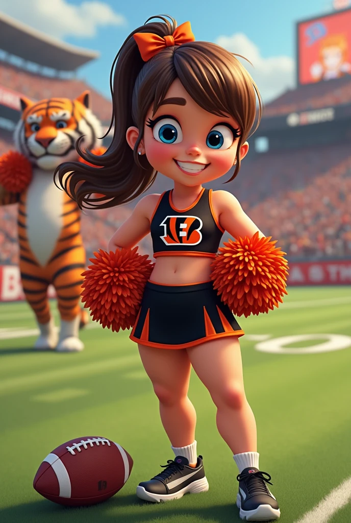 
Bengals cheerleader tween 
Chunky body
Brown hair, medium length in ponytail, bangs, 
blue eyes 
football field stadium
Black & orange  one piece outfit  with Bengals logo  black nike shoes 
No show socks
 hair bow 
 tiger mascot on field
Smiling 
Football on ground
Pompom on ground 
