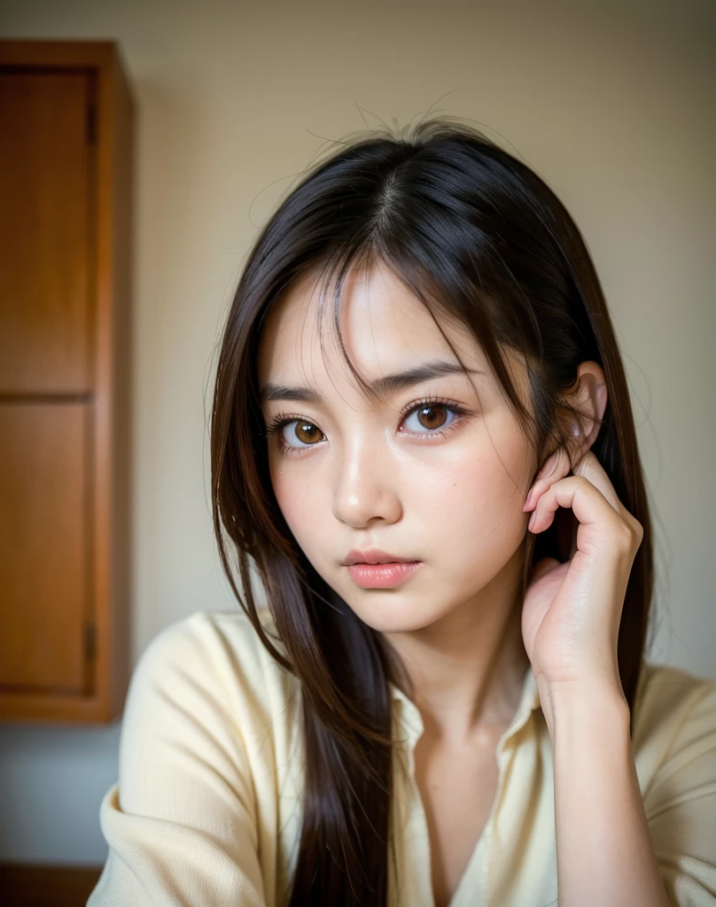 Highest quality, Face Focus, Soft Light, Ultra-high resolution, (Realistic:1.4), RAW Photos,
1 Japanese girl, alone, cute, (pupil, Light in your eyes),  Beautiful face in every detail, (Small box),(High resolution detail of human skin texture),
(Long Hair),
indoor,
Damask Shirt Dress,
(Portraiture)
Shortcuts, anime, 