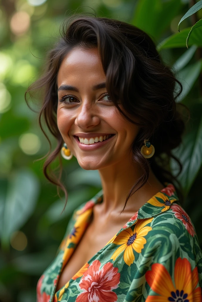 A Brazilian woman in a lush tropical garden, wearing an open shirt with a floral print, with a close-up capturing the harmonious beauty between her breasts and the natural flowers, showing off your natural charm and outgoing personality.
