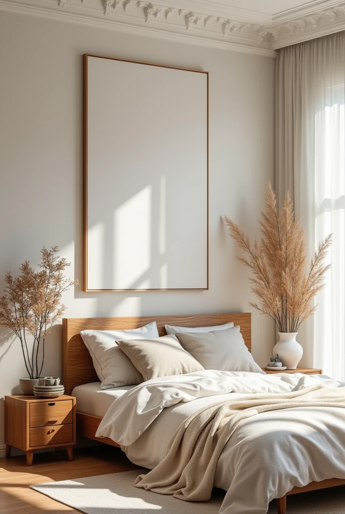 "Process of decorating with wooden furniture, Light fabrics and ceramic details. Text on screen: 'From vision to reality'."