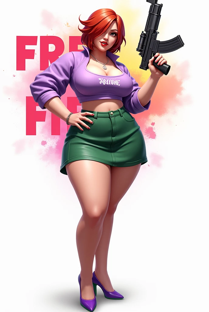 Freefire game style female character,  very ????, com rosto redondo, ??????????? and thick thighs, of skin jambo, short medium copper red hair, eyes browns, wearing red lipstick, wearing a short, low-cut lilac blouse with the name SOLENE and a short green skirt, lilac shoe with green high heels, with an mp5 gun and posing, with a white background and the name of the game FREEFIRE behind.