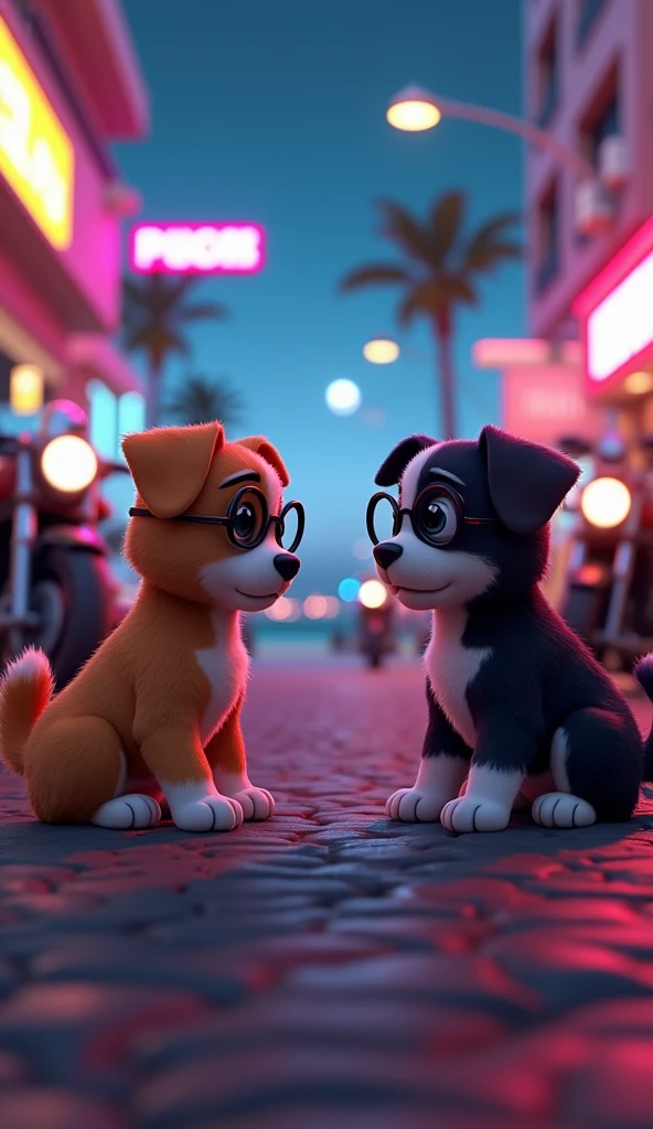 Puppies wearing glassing standing near motorbikes in cyberpunk world disscussing something in night with lights on and with lights in background building on side of road beach view 3D animation gangster