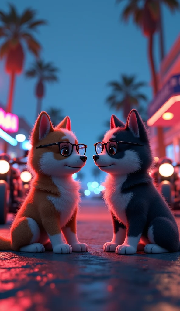 Puppies wearing glassing standing near motorbikes in cyberpunk world disscussing something in night with lights on and with lights in background building on side of road beach view 3D animation gangster