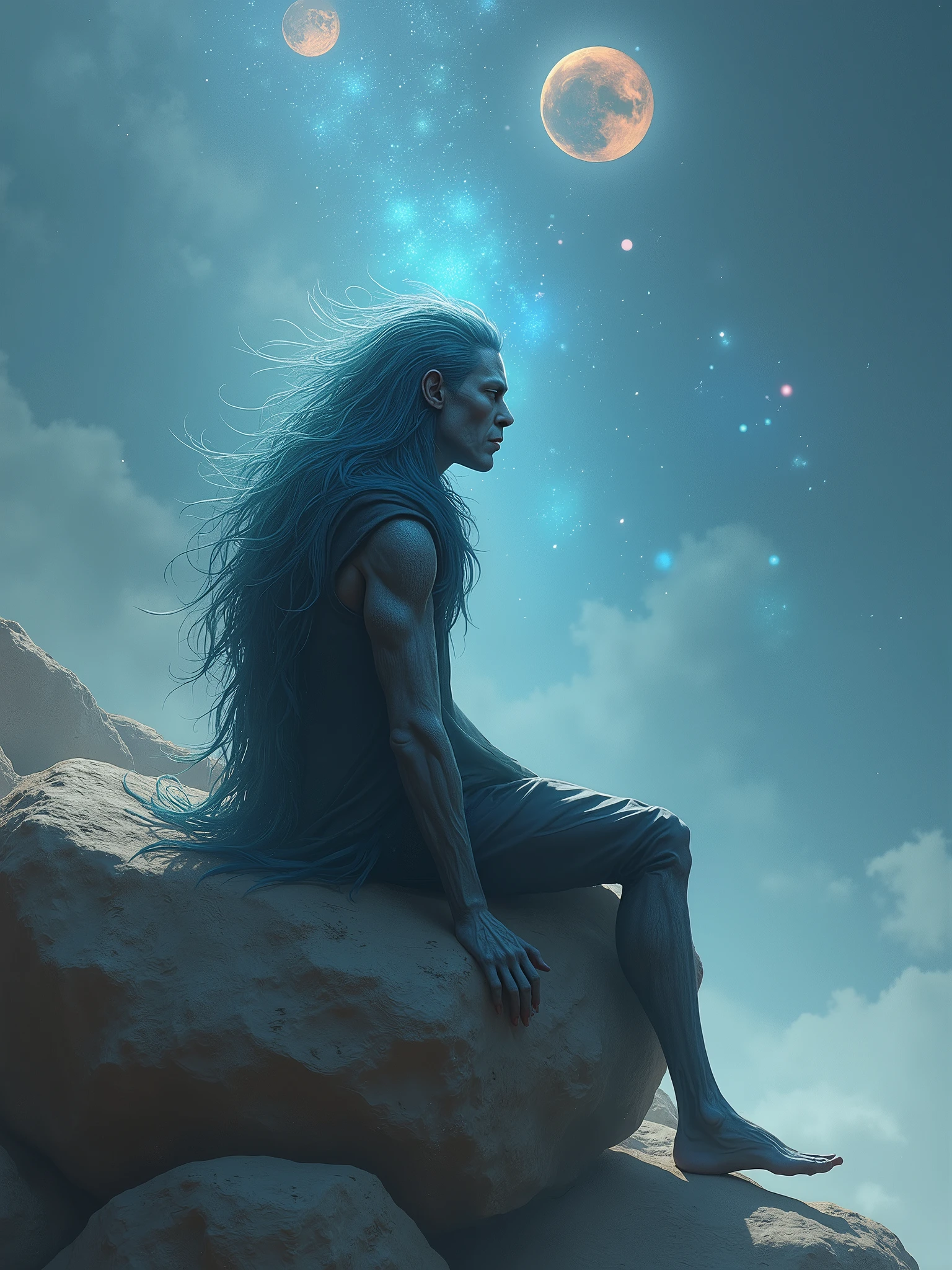 John hurt with gray skin and riotous blue hair sitting in a big rock staring at the stats
