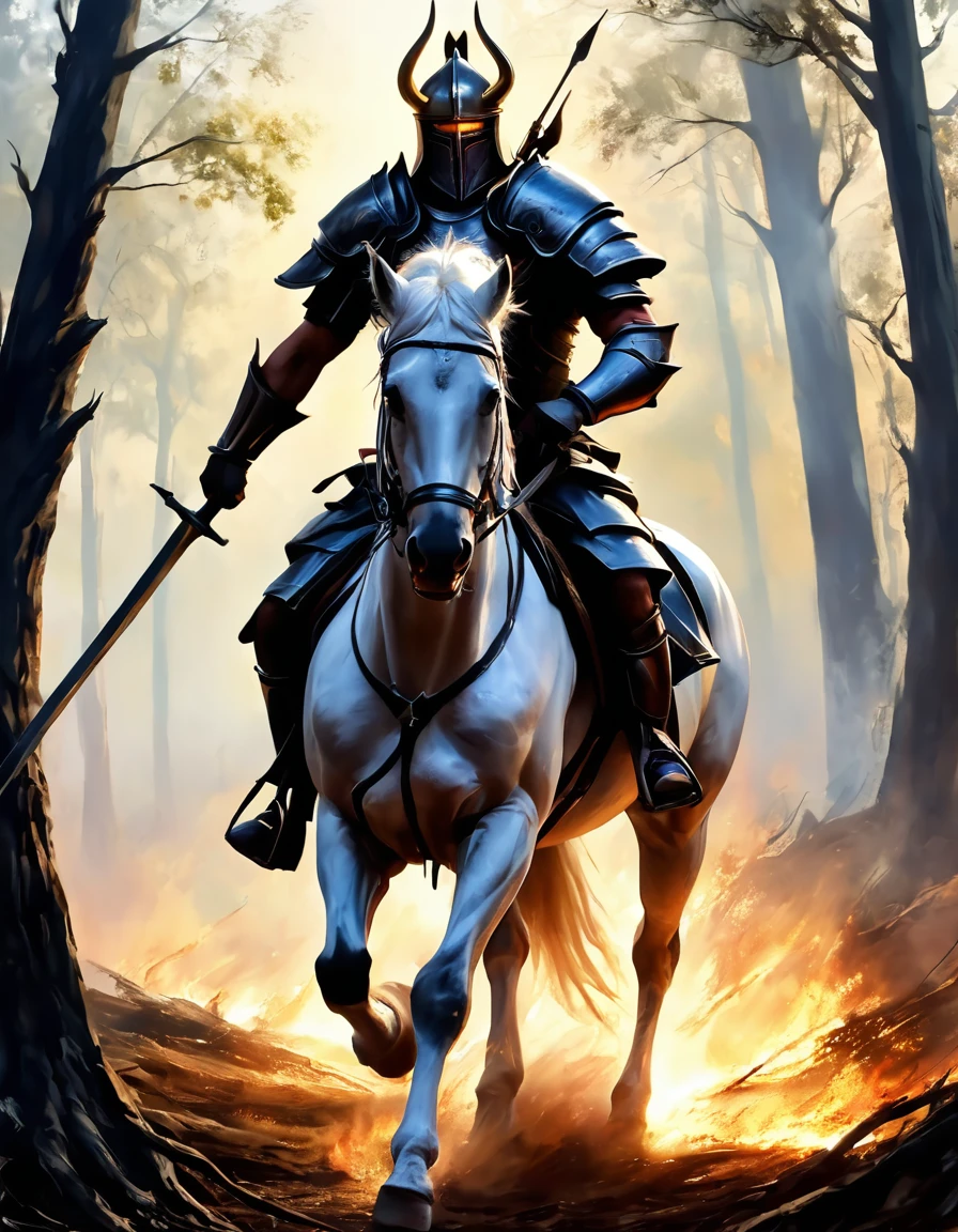 A majestic centaur stands victorious amidst a ravaged battlefield, rendered in exquisite detail in an 8K oil painting masterpiece. The framing captures the full majesty of the equine-human hybrid, set against a smoldering backdrop of charred trees and twisted metal. Golden light casts long shadows across the grassy terrain as the centaur's mighty legs hold steady amidst the chaos, its eyes blazing with fierce determination, ImgFixerPre0.3
