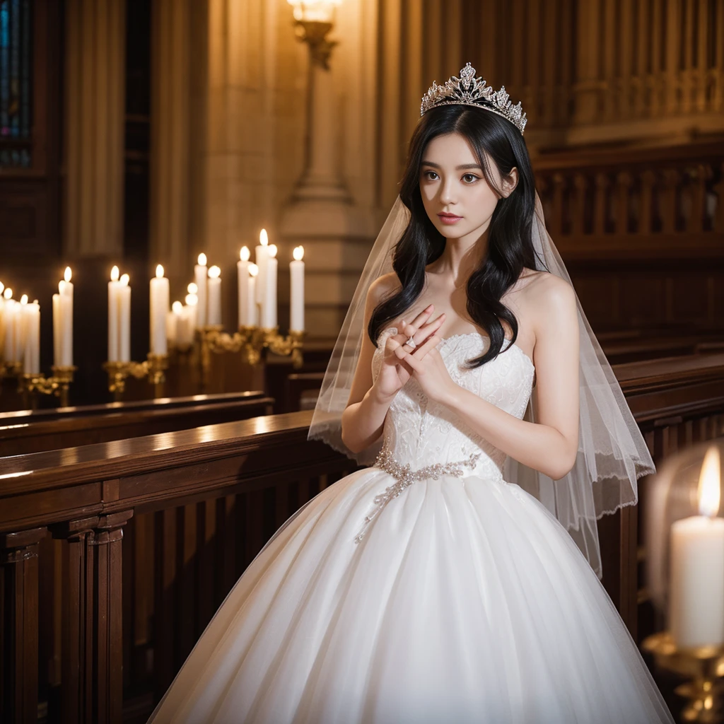 perfect hand，Eyes are exquisite and delicate，black hair color hair，wedding gown，Put on the crown，in churches，flower in hands，fully body photo