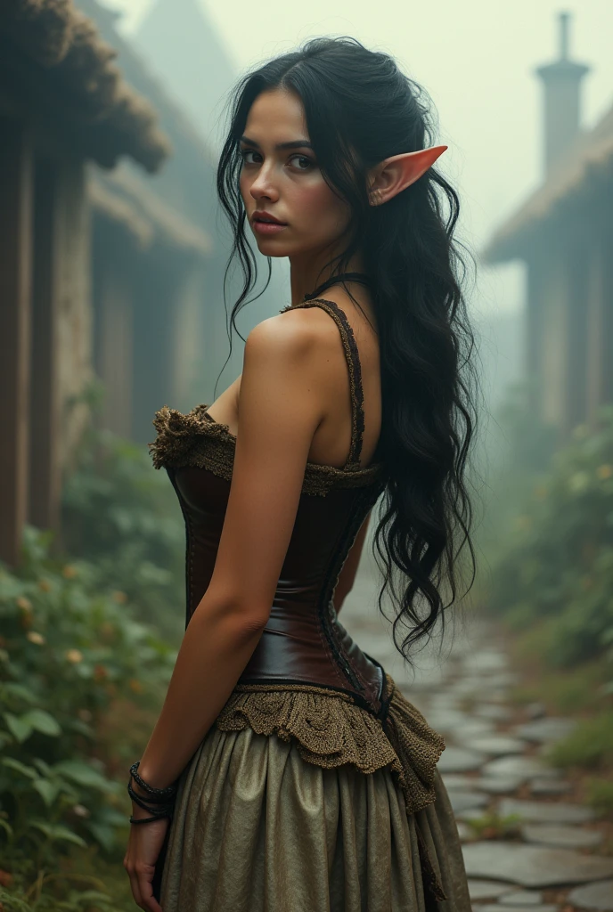 Vintage photo of an elven maiden, 18-years-old, amazonian stature, voluptuous hourglass figure, almond complexion, pointy elf ears, amber eyes, dark hair, long kinky curls, elven ears, wearing a white corset and a petticoat, posing on in a foggy medieval hamlet, analog film photo, RAW Photograph, dslr, soft lighting, high quality, film grain, Fujifilm XT3, detailed skin with visible pores, insane details, masterpiece, 8k, 35mm photograph, dslr, kodachrome, faded film, desaturated, grainy, vintage, Lomography, stained, highly detailed, found footage