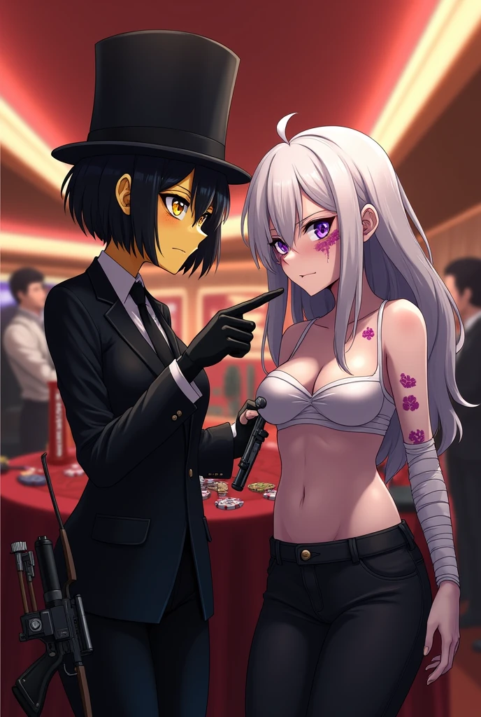 Yellow skinned girl, with one eye in the shape of a triangle and completely black and his other eye yellow and psychopathic, with black top hat, a sexy black suit, black hair bob, black gloves in a casino, that brings a bow, and brings a gun. and anime. With a loving look and a psychopathic smile he points to a white-skinned girl, a huge red hair in a ponytail, that has many purple bruises, with a white bra, psntalones negros baggy, red hair and bangs, with bandages on his arms with a serious expression, and with black headphones and fingerless gloves.