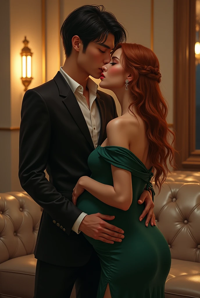 realistic wlop digital art style in a full body size about Asrahan Kandel a young Korean Duke that live in a historical world, with 2, handsome, white skin, monolid light blue eyes, with South Korean features, 1.88 m height tall, he has a shave face, build and strong body like a fighter, is with his wife Gabriel Herondale in a modern world in her new York modern apartment, his wife is a British ginger shadowhunter with white fair pale skin, hips long soft curls and smooth ginger hair, almond shape deep blue eyes, rosy plumb lips, 1.72 m height tall, beautiful like an ethereal angel, hourglass shape body, big ass and big breasts, fitness body because she is a fighter, Shadowhunters runes in all her body, oval and cute face, dimples when she smile and freckles, he is taller than her, they are in her birthday party with her family and friends, he is wearing a black duke suit and she is wearing a medium long off-shoulder green dress because she is 6 month pregnant with their first children because they are twins, they are really happy, they are kissing while he is with a hand touching her nude boobs and the other touching her ass in a arousing way, she is surprised in ecstasy and aroused for him and his actions wanting to be fuck by him, her arms are hugging his neck and hair making him aroused and having an erection for her, he kissing her on the lips and she is corresponding