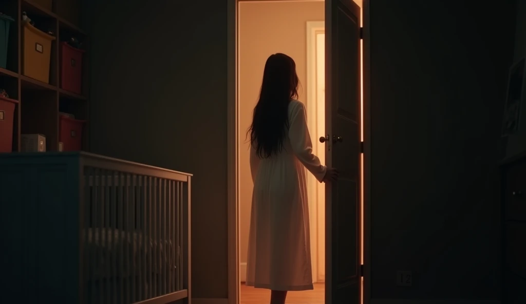 Cinematic, In a dark bedroom, the scene captures a warm scene of beautiful woman standing at the entrance with the door slightly ajar, looking at the crib. The room is dimly lit, with most of the light coming from the hallway behind her, casting her with back lighting. The woman has long, straight black hair and is wearing a long, white nightgown. She holds the door handle with her right hand, and her posture suggests she is about to close the door from the outside of the room. a white crib partially visible in the foreground, and a series of colored storage bins on the left wall. 

