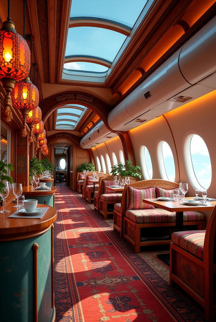a restaurant in an airplane with the theme of Malaysian Traditional decoration 
