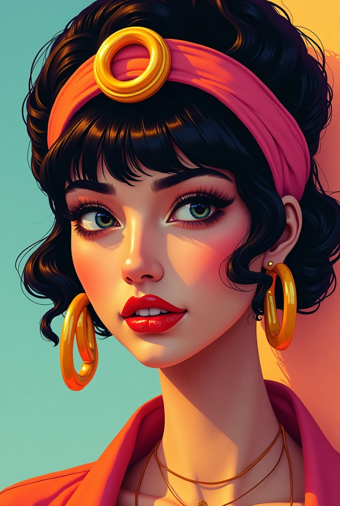 80s style woman with a fabric headband with a plastic accessory ring on it located in the middle, with earrings and hoop necklace of the same plastic material.