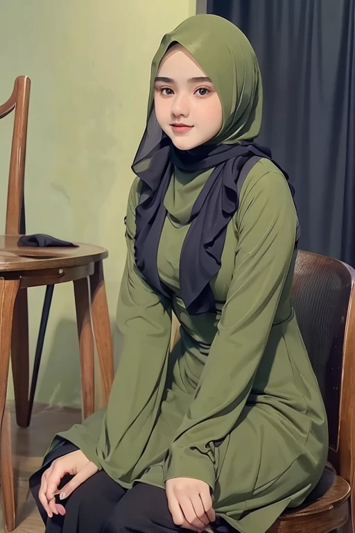 Beautiful young woman in hijab wearing green dress posing in photo studio with violet background