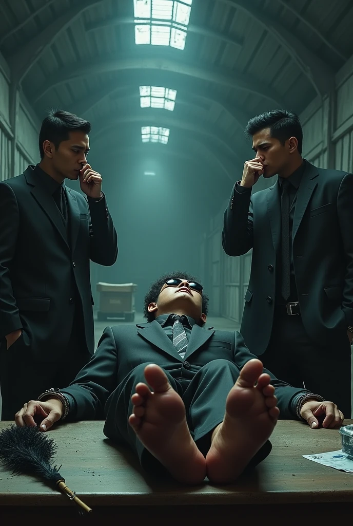 Malaysia malay handsome 25 years student
He fainted
Smelly 5 toe feet
His hand handcuff in abondon warehouse
Blindfolded
handcuff
Formal Outfit
Focus sweaty hot feet on desk
feather duster on desk
Dirty Black sock on desk
2 mafia pinch nose
His feet smelly