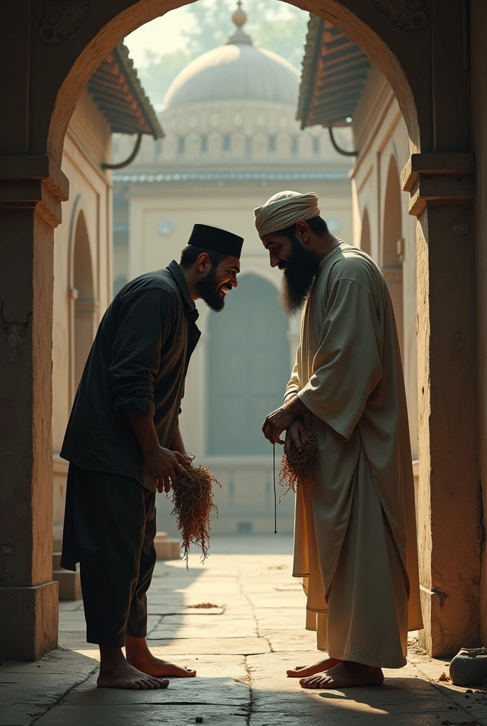 Prompt: The thief, caught in the act, stands frozen with a guilty look. He looks scared and embarrassed, holding the stolen items in his hands. The imam, calm and kind, looks at him with a gentle smile. Bangladeshi 