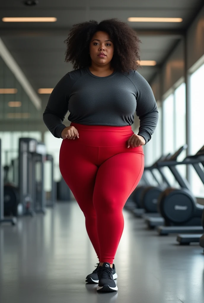Woman with curves, dark skinned and light complexioned, in sportswear, red pants and a dark gray long sleeve sweater in a gym with black shoes