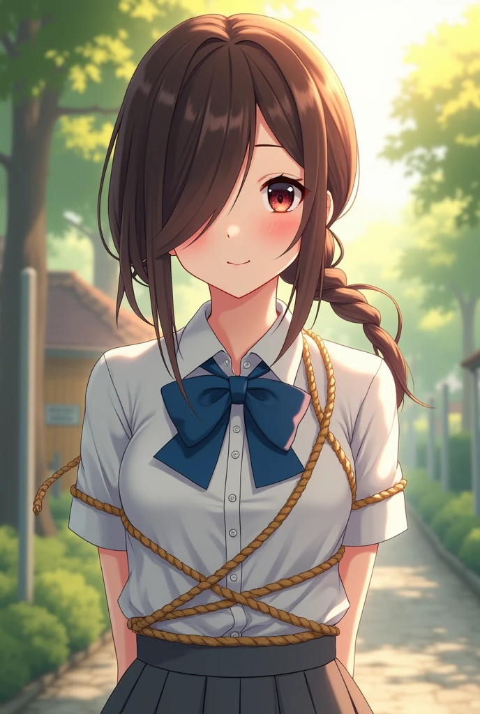 (masterpiece:1.2, top-quality), (realistic, photorealistic:1.4), beautiful illustration, (natural side lighting, movie lighting), nsfw:1.2,
beautiful hair, beautiful face, beautiful detailed eyes, beautiful clavicle, beautiful body, beautiful chest, beautiful thigh, beautiful legs, beautiful hands,
looking at viewer, (from behind), full body, 1 girl, japanese, high school girl, perfect face, perfect eyes, cute and symmetrical face, suntan, shiny skin, white skin, slender,
(long hair:1.5, side ponytail:1.4, brown hair), hair over one eye:1.4, maroon eyes, long eye lasher, (medium breasts),
((collared short sleeve shirt, white shirt, , grey plaid pleated skirt, blue plaid bow tie), wrist chakra), white panties,
(((shibari over clothes, arms behind back)), bondage, shibari:1.5, bound arms, bound breasts),
(beautiful scenery), daytime, (standing), (lovely smile, upper eyes),