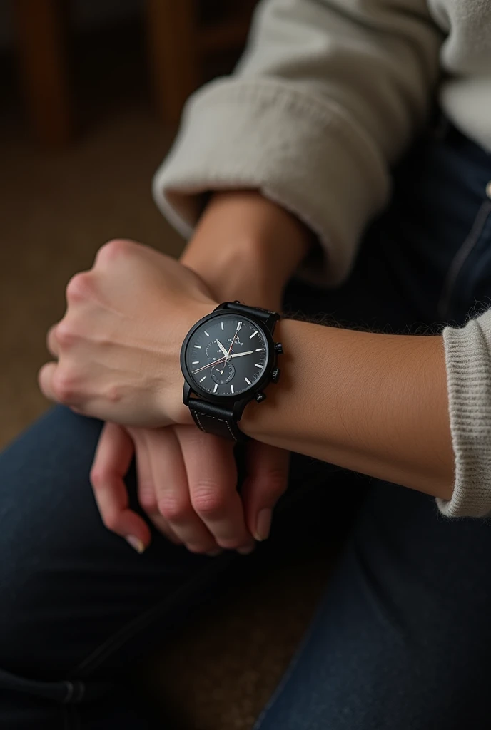 My boyfriend and I put our watches together and compared them. Only our wrists were visible.