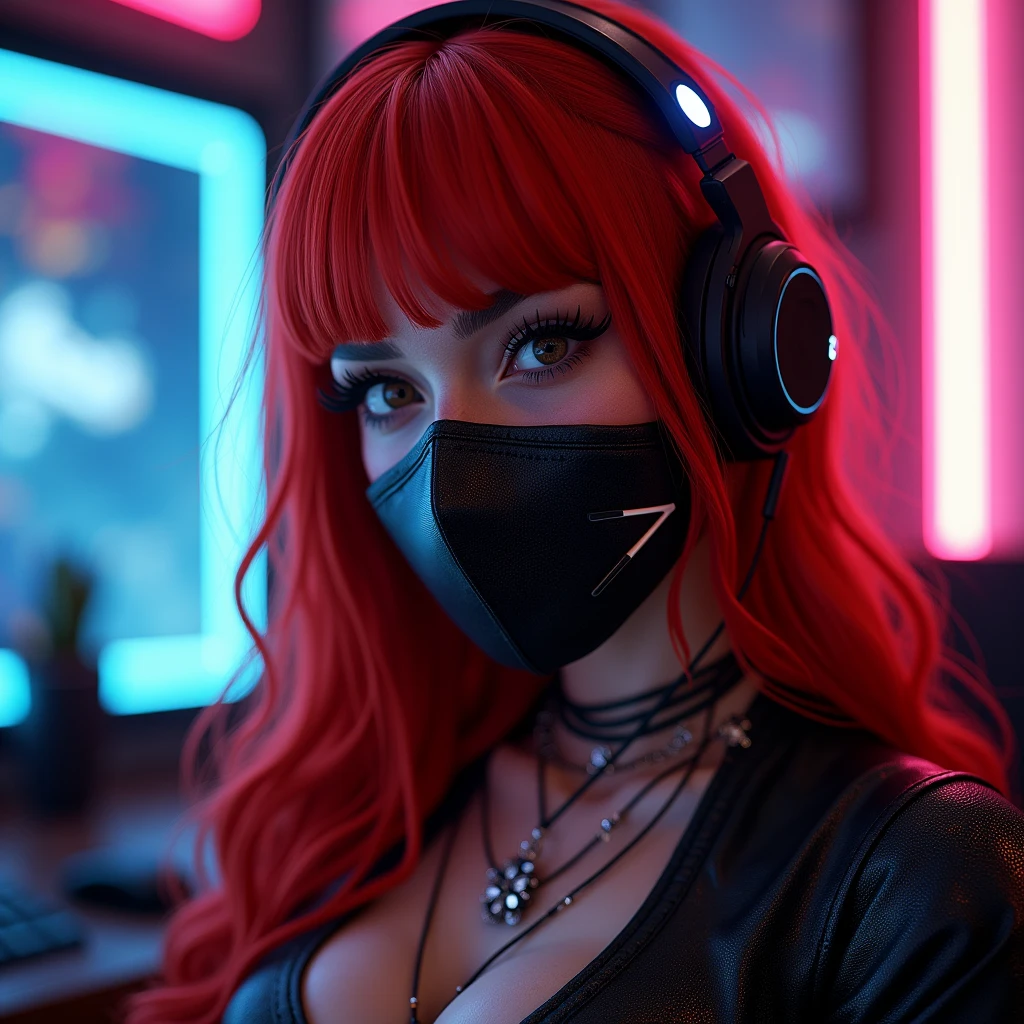 ((Very beautiful girl)), 8k, Young beautiful girl, ((Red hair)), red long hair, with bangs, complex makeup, large breasts, ((medical mask on mouth)), black medical leather mask, ((large expressive black eyes)), perfectly beautiful girl, jewelry, glitter, ((Gaming headphones on head)) glowing headphones ((in cyber suit)), Background: neon, night, gaming room, many details, first person, close-up, neon lighting, contour neon lighting,