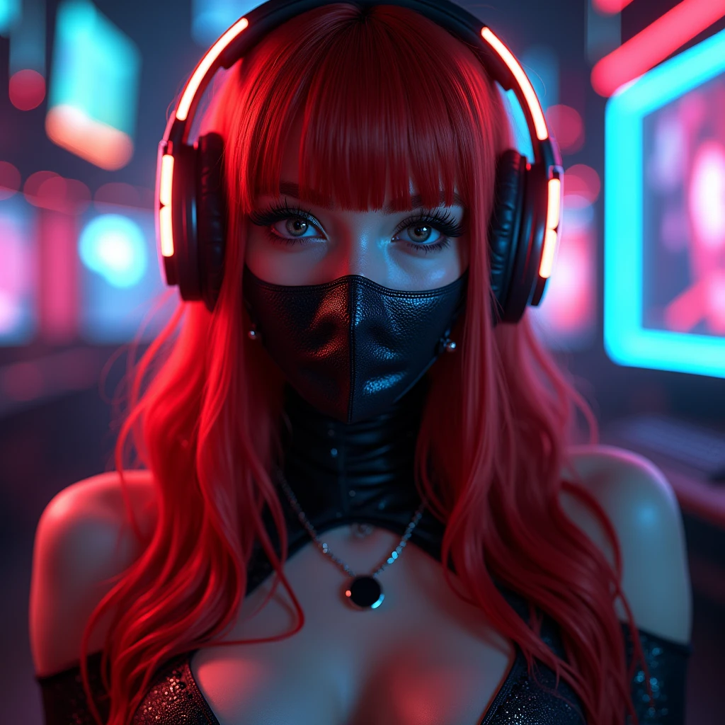 ((Very beautiful girl)), 8k, Young beautiful girl, ((Red hair)), red long hair, with bangs, complex makeup, large breasts, ((medical mask on mouth)), black medical leather mask, ((large expressive black eyes)), perfectly beautiful girl, jewelry, glitter, ((Gaming headphones on head)) glowing headphones ((in cyber suit)), Background: neon, night, gaming room, many details, first person, close-up, neon lighting, contour neon lighting,