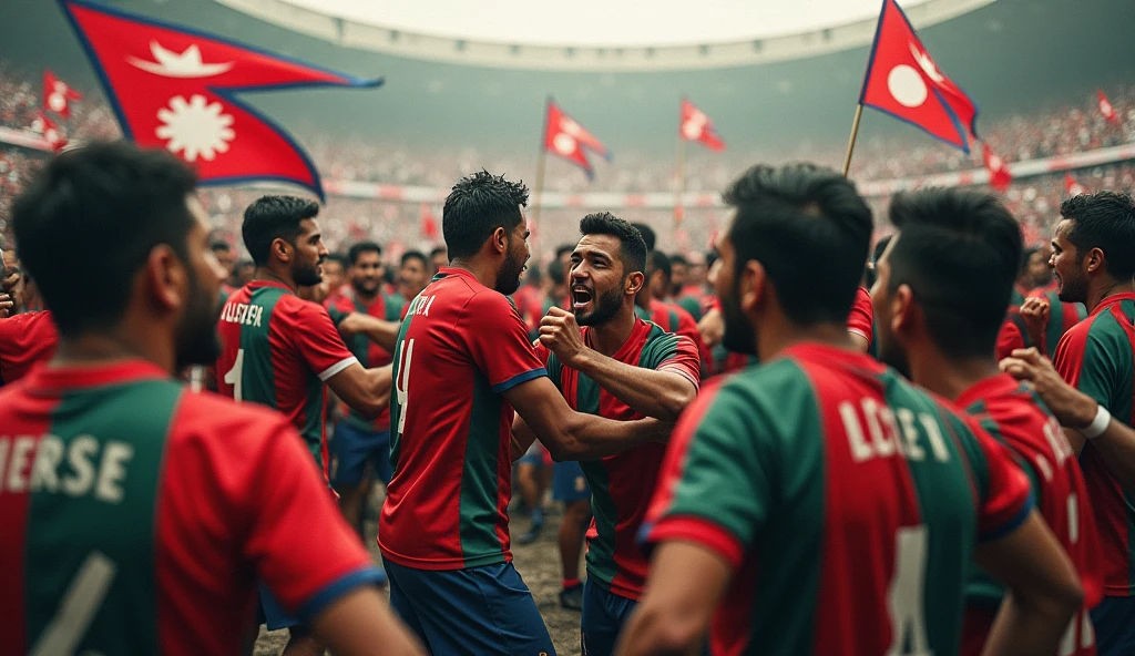 The audiences are fighting with each other more angrily in the stadium wearing nepals football jerseys and bangladesh football jersey , and police trying to stop them there should be nepals flag and bangladesh flag in the back of jerseys, group of peoples are fighting, there should be some bloods in the faces as well as they have kicked and punched