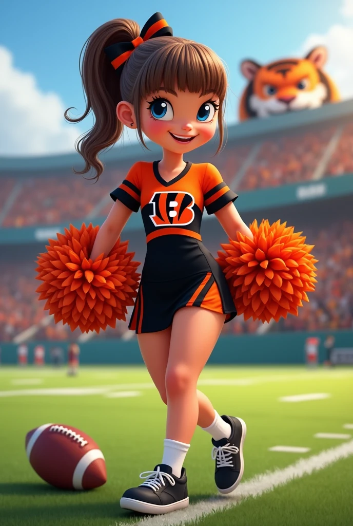 Bengals cheerleader tween
Chunky body
Brown hair, medium length in ponytail, bangs,
blue eyes
football field stadium
Black & orange one piece outfit with Bengals logo black nike shoes
No show socks
hair bow
tiger mascot on field
Smiling
Football on ground
Pompom on ground
