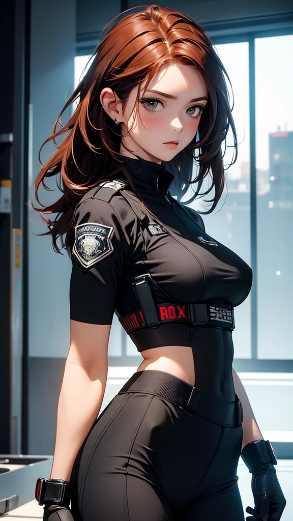 Beautiful girl realistic masterpieces full figure pose (best quality,ultra-detailed), auburn hair, fair skin, fit body, slim figure, narrow waist, (cocky expression), full coverage tactical black SWAT uniform with police insignia