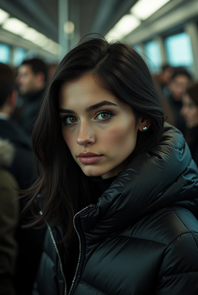 Beautiful young Ukrainian woman with dark hair and heavy eye liner on a crowded train, wearing stylish puffer jacket