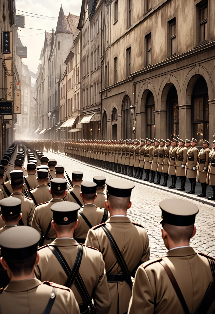 A very old sepia photograph、A rabbit watches German soldiers marching in formation down a beautiful German city street.、The soldiers look desperate、(Very old photos that show the horror of war:1.2) 、(A shot of a rabbit looking at a formation of soldiers from behind:1.3
) 、Realistic、フォトRealistic、Masterpiece、Best Quality、4K,8k.Ultra Detail、Ultra-fine painting、Physically Based Rendering、Professional photo resolution、Award-winning photography、