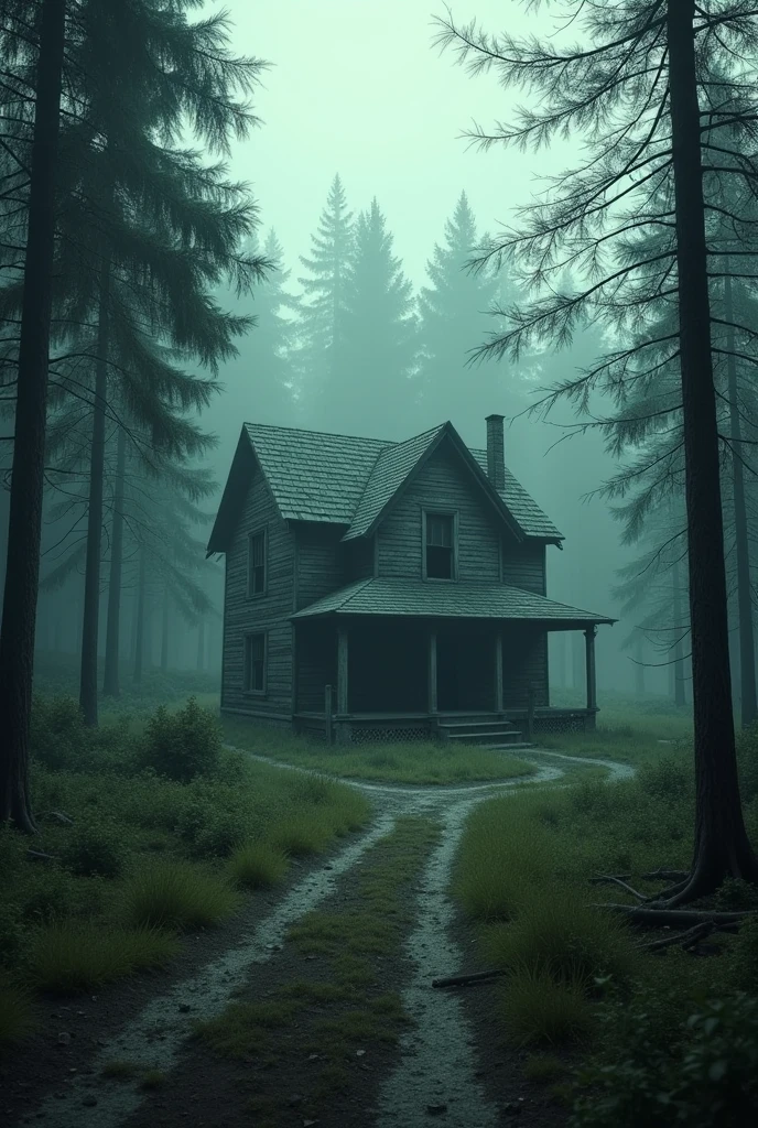  A remote, abandoned house in the village, surrounded by dense forest. The house is old, with creaky wooden floors, dusty furniture, and an eerie atmosphere. 3d animation  image Camera pans across the dense forest, showing a dirt road leading to an old, isolated house. The house is surrounded by overgrown bushes, with broken windows and a sagging roof.]3d animation 