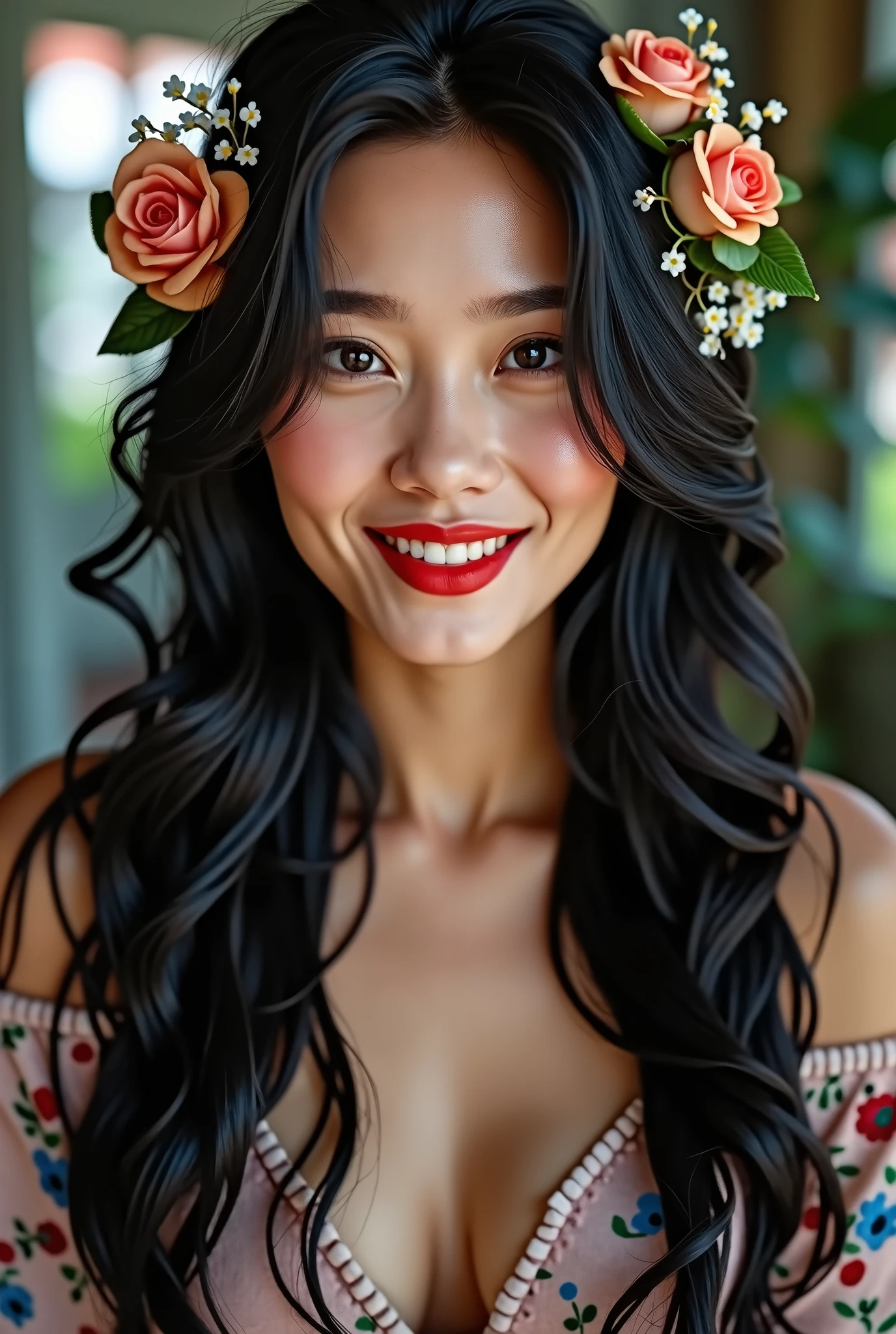 long hair, chest, looking at the audience, smile, black hair, depth of field, high resolution, Hair highlights, red lips, fisheye lens, Hair flowers,