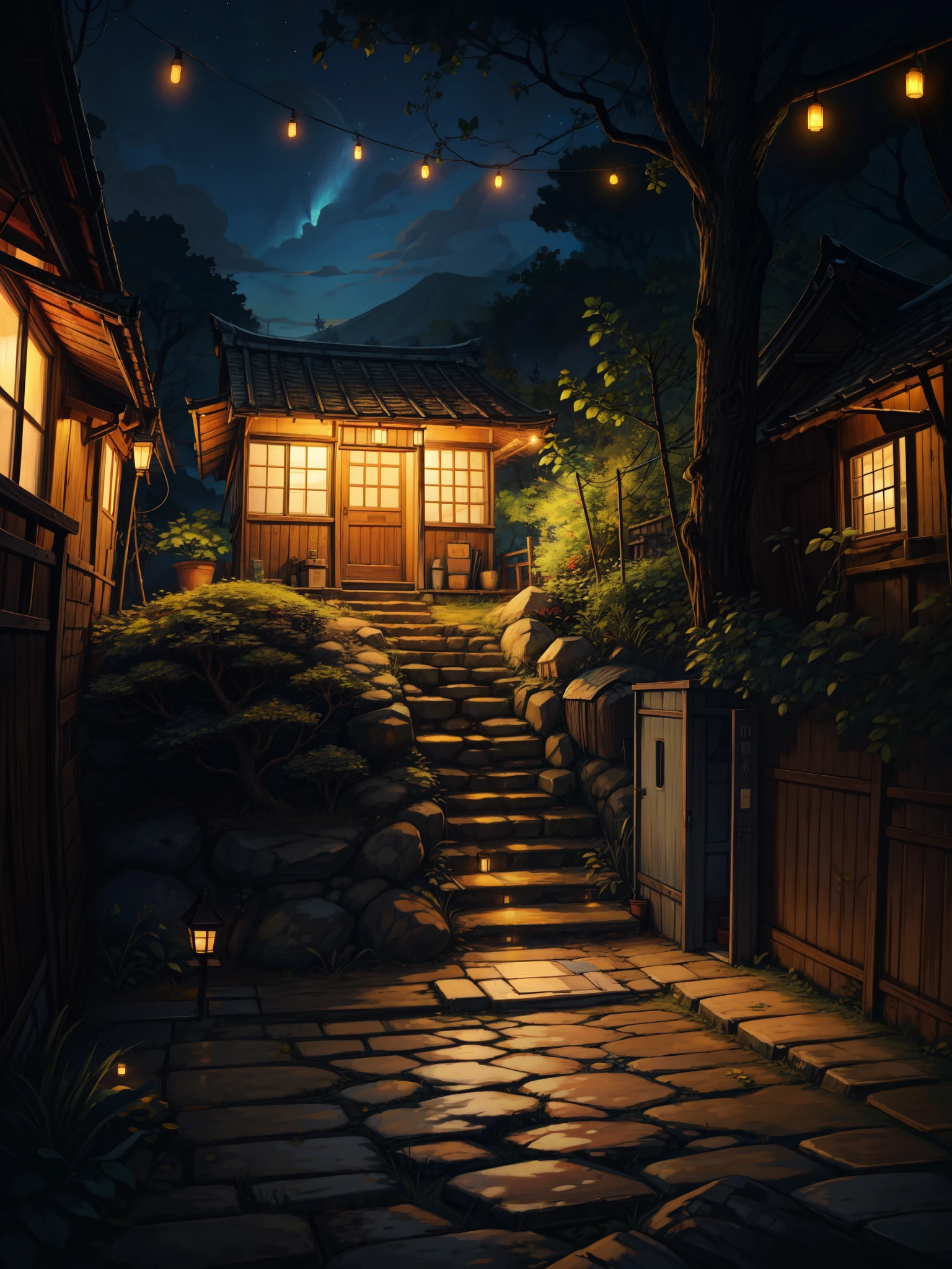 aerial view, ghibli art scene, indian tropical old hut, village scene, late night scene, string lights, Japan, stairs, night sky, small garden in the front, wires and poles, notice board on front wall, light shadow, aesthetically beautiful, cracked old road, remote location, big tree branch, nature, shed, cozy atmosphere, micro landscape, intrinsic details, masterpiece