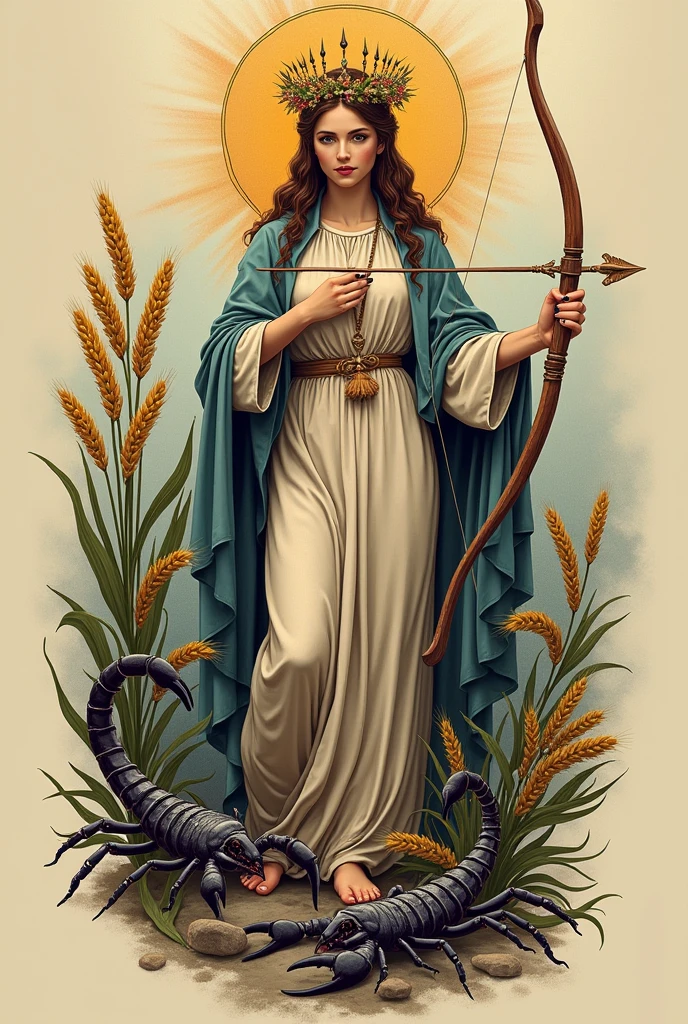 Tattoo of a woman representing the Virgin with a crown of wheat sprigs holding a bow and arrow and a scorpion next to her
