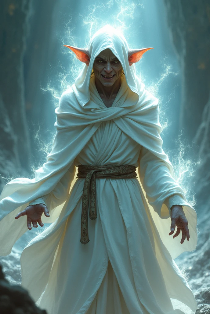 A mage in a white cloak turns into a goblin